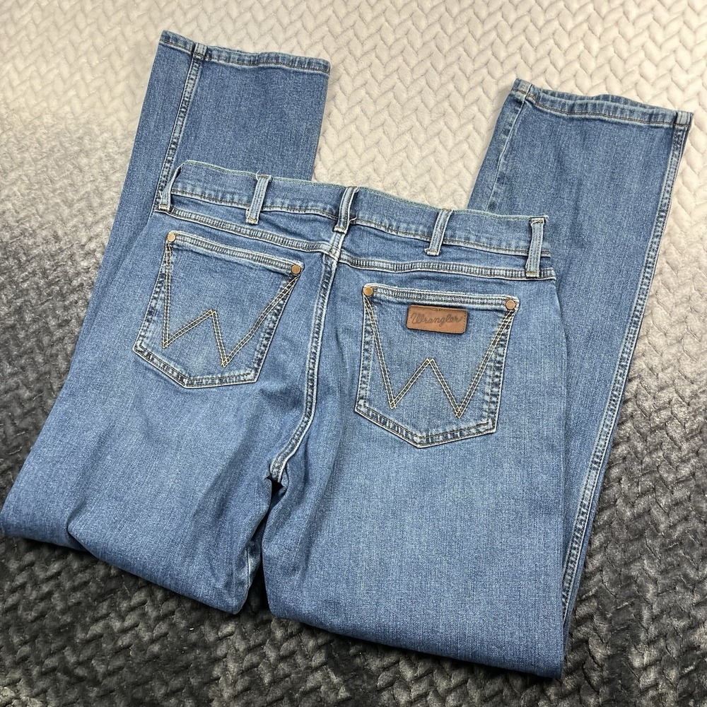 Wrangler Retro Jeans Mens 34x32 Blue Slim Straight Med Wash Stretch Cowboy